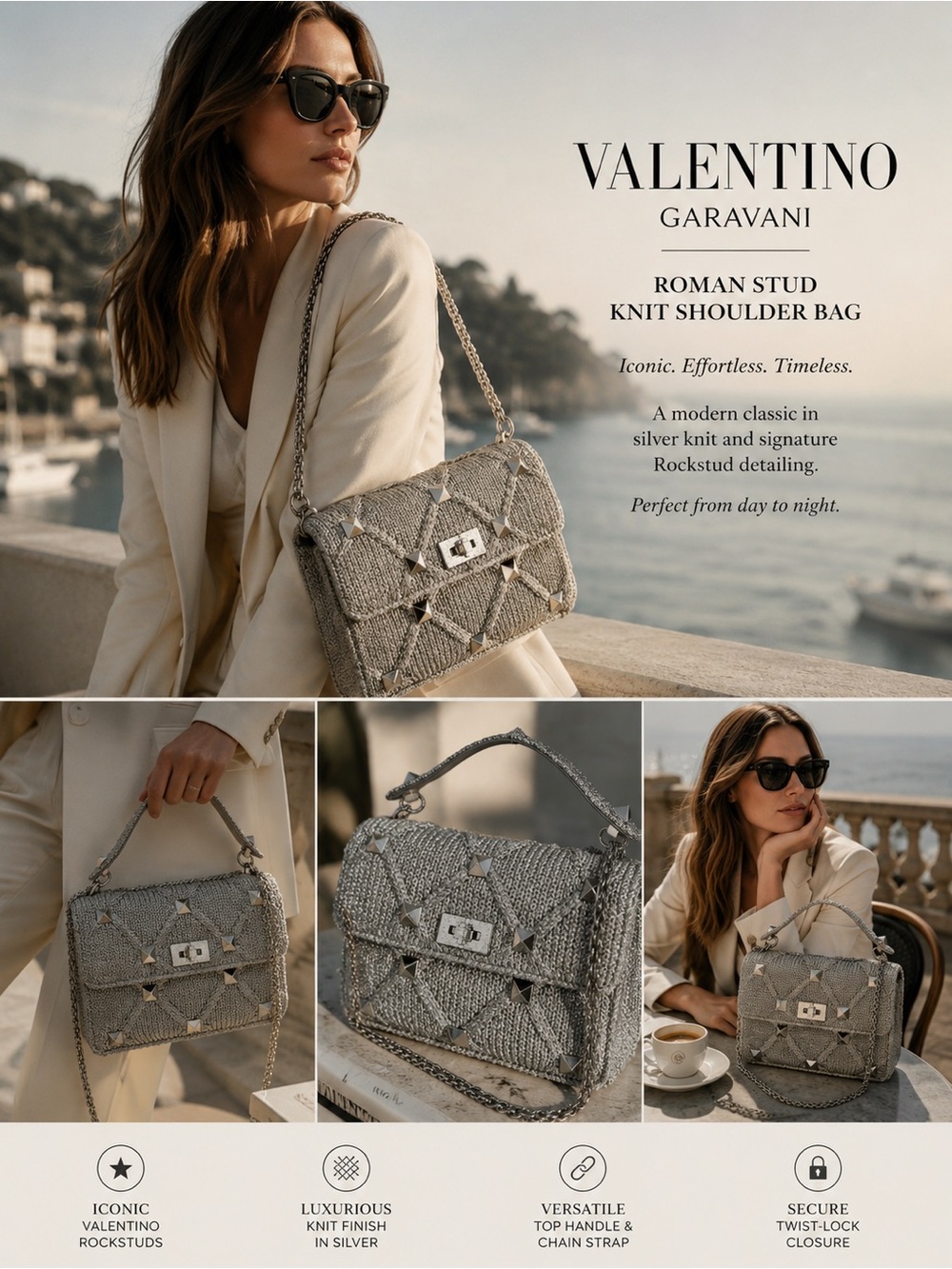 Excellent Condition - Valentino Garavani Roman Stud Knit Shoulder Bag Silver